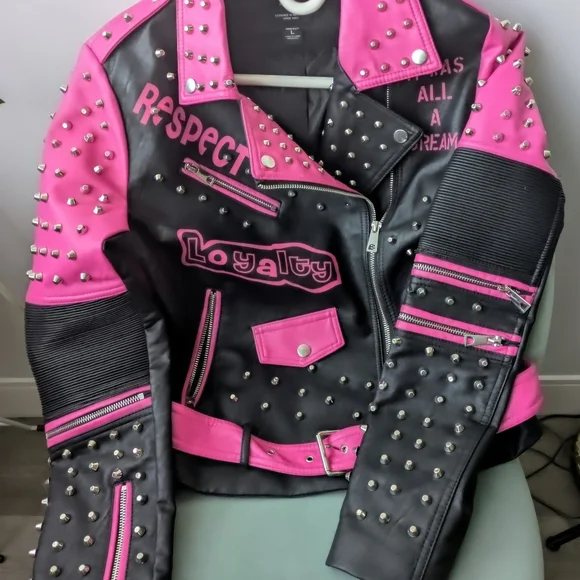 Pink and Black Vegan Leather Studded Moto Jacket - Picture 3 of 4